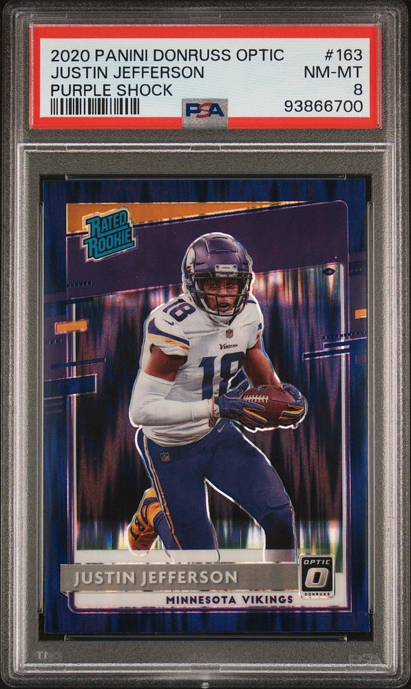 2020 Panini Donruss Optic 163 Justin Jefferson Purple Shock PSA 8