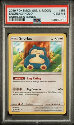 2019 Pokemon Sun & Moon Unbroken Bonds 158 Snorlax-holo PSA 10