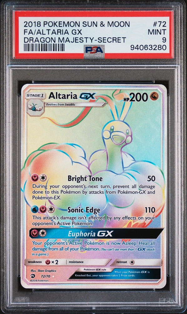 2018 Pokemon Sun & Moon Dragon Majesty 72 Full Art/altaria Gx Secret PSA 9
