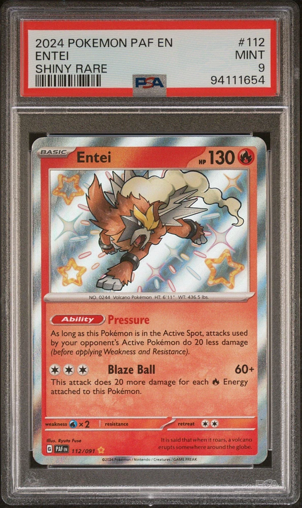 2024 Pokemon Paf En-paldean Fates 112 Entei Shiny Rare PSA 9