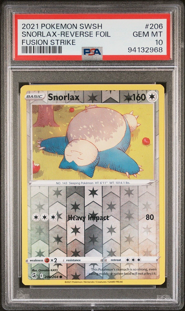 2021 Pokemon Sword & Shield Fusion Strike 206 Snorlax-reverse Foil PSA 10