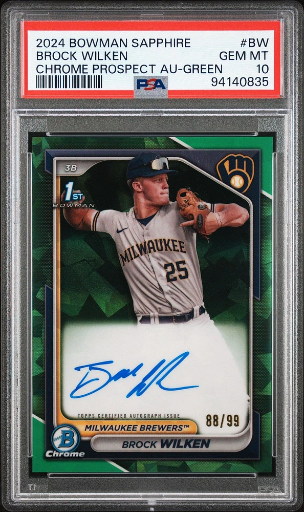 2024 Bowman Sapphire Edition Chrome Prospects Sapphire Autographs Bw Brock Wilken Green PSA 10