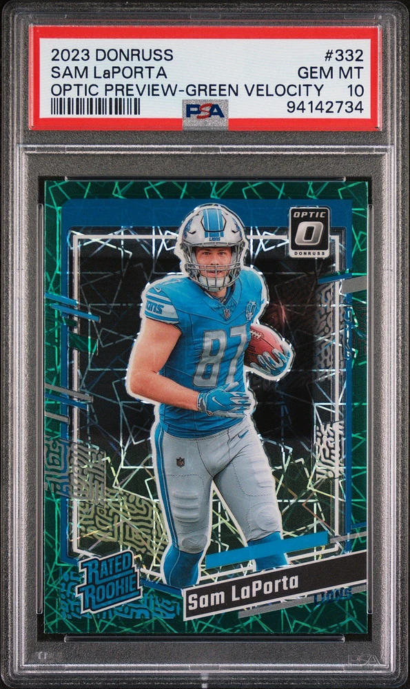 2023 Panini Donruss 332 Sam Laporta Optic Preview-green Velocity PSA 10