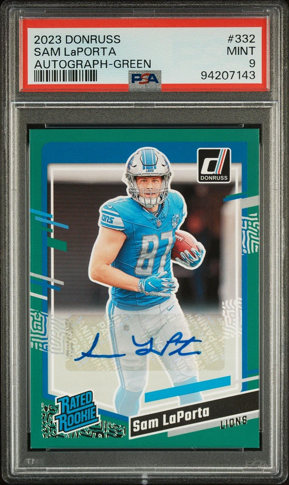 2023 Panini Donruss 332 Sam Laporta Autograph-green PSA 9