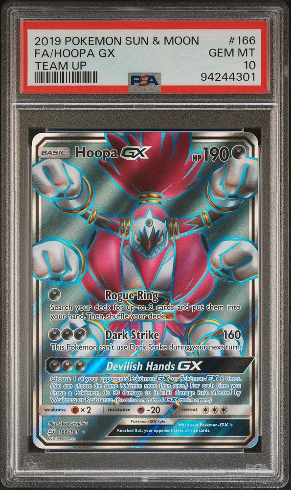 2019 Pokemon Sun & Moon Team Up 166 Full Art/hoopa Gx PSA 10