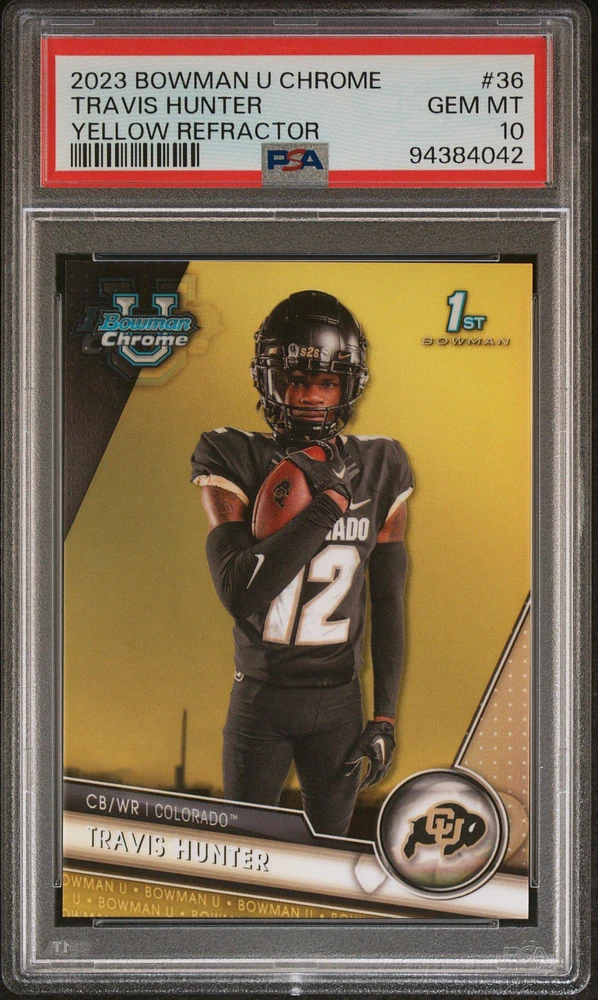2023 Bowman University Chrome 36 Travis Hunter Yellow Refractor PSA 10