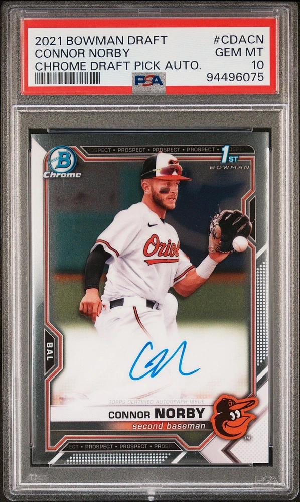 2021 Bowman Draft Chrome Draft Pick Autographs Cdacn Connor Norby PSA 10