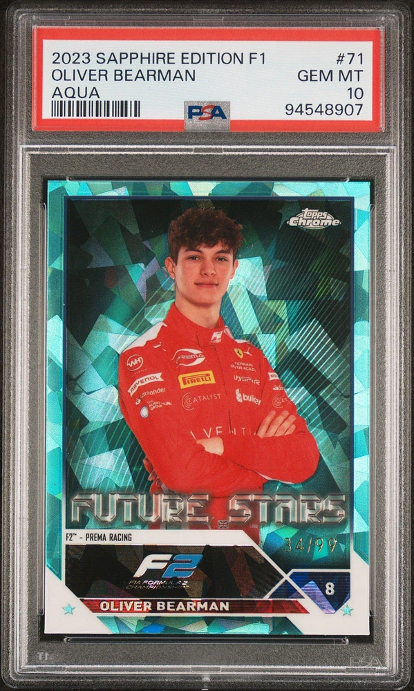 2023 Topps Chrome Formula 1 Sapphire Edition 71 Oliver Bearman Aqua PSA 10