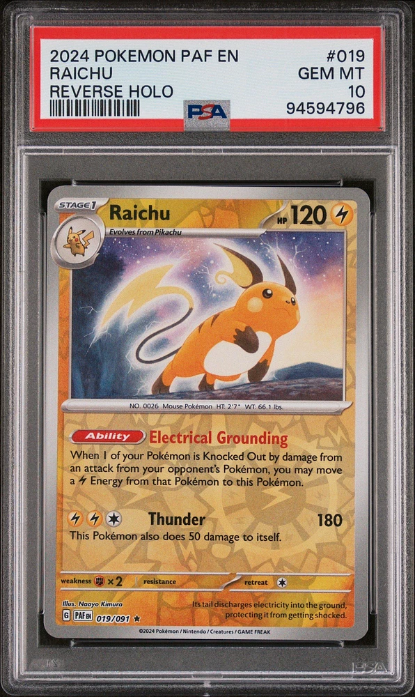 2024 Pokemon Paf En-paldean Fates 019 Raichu Reverse Holo PSA 10