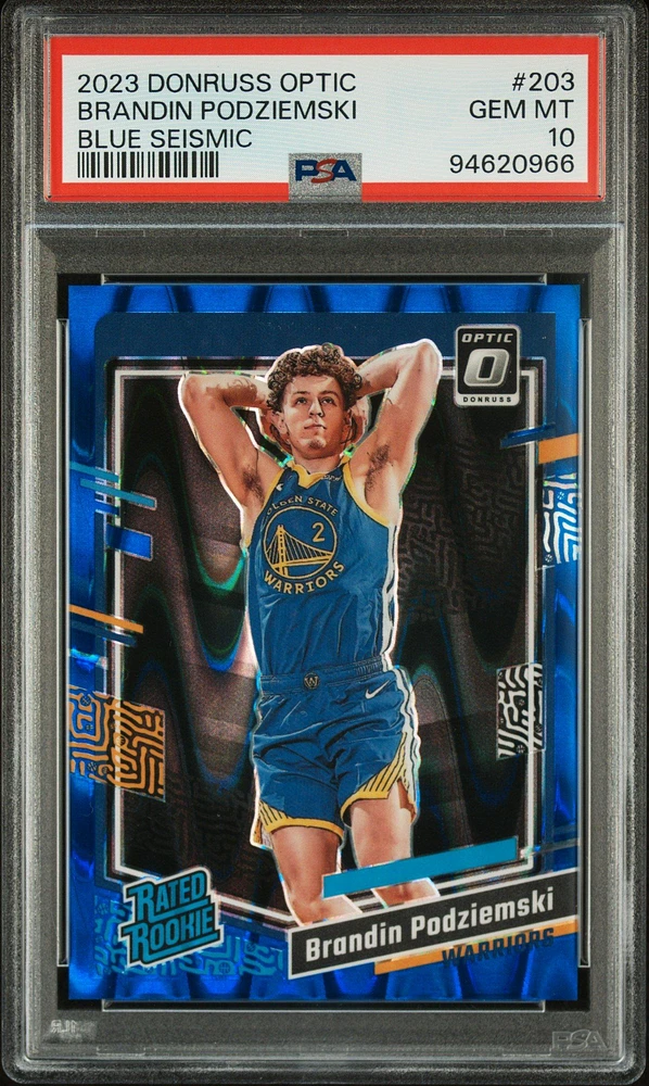 2023 Panini Donruss Optic 203 Brandin Podziemski Blue Seismic PSA 10