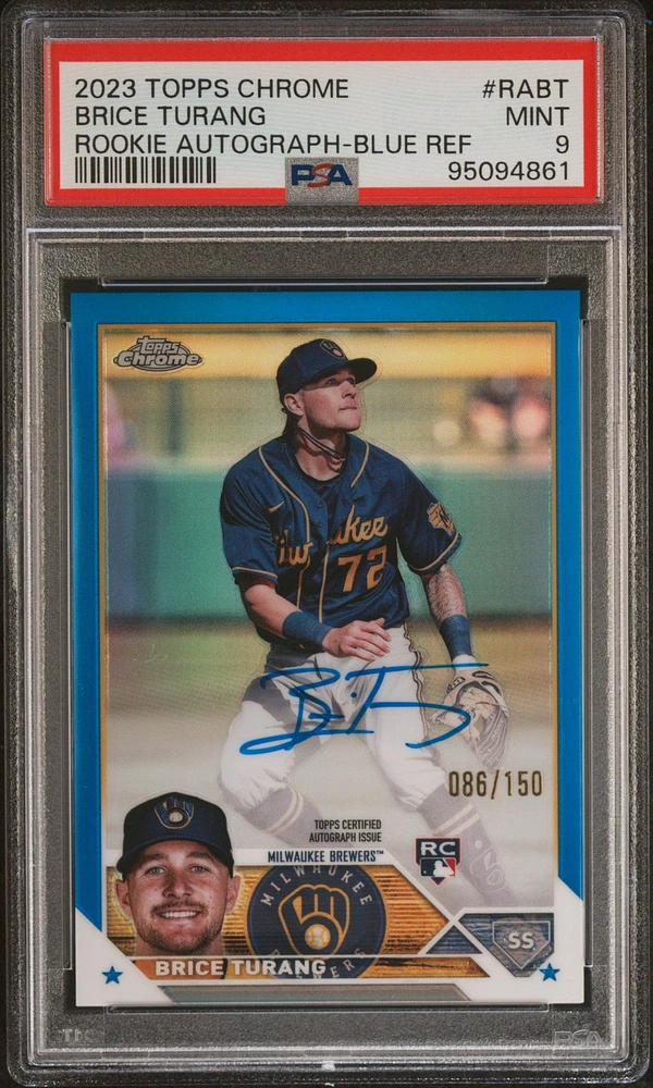 2023 Topps Chrome Rookie Autograph Rabt Brice Turang Blue Refractor PSA 9
