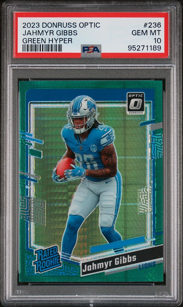 2023 Panini Donruss Optic 236 Jahmyr Gibbs Green Hyper PSA 10