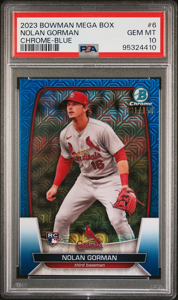 2023 Bowman Mega Box Chrome 6 Nolan Gorman Blue Refractor PSA 10