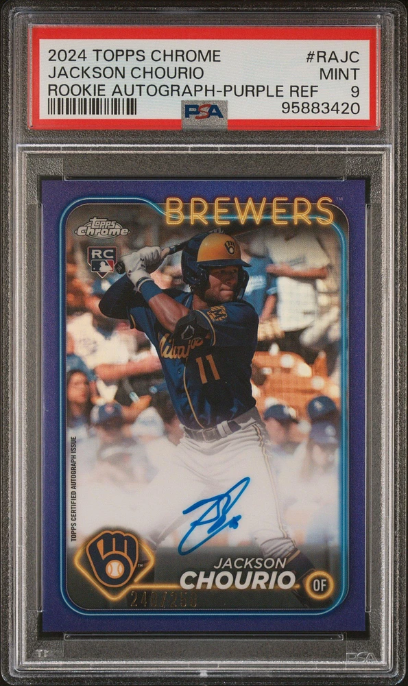 2024 Topps Chrome Rookie Autographs Rajc Jackson Chourio Purple Refractor PSA 9