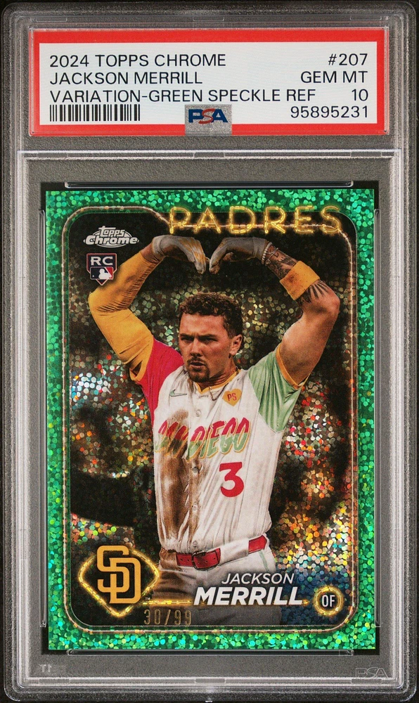 2024 Topps Chrome 207 Jackson Merrill Variation-green Speckle Refractor PSA 10
