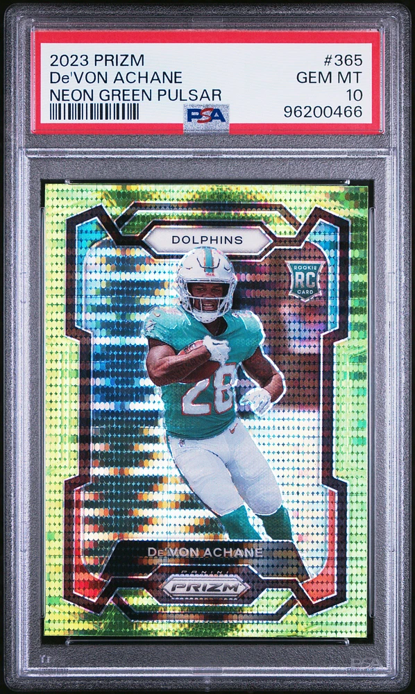 2023 Panini Prizm 365 De'von Achane Neon Green Pulsar PSA 10