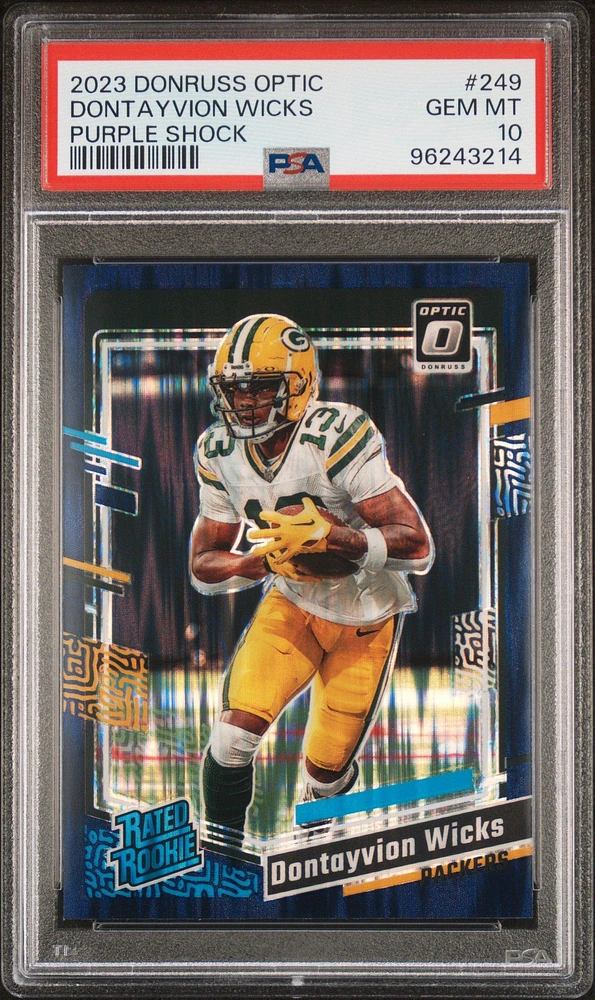 2023 Panini Donruss Optic 249 Dontayvion Wicks Purple Shock PSA 10
