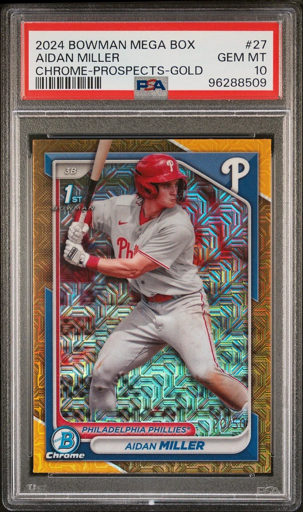 2024 Bowman Mega Box Chrome Prospects 27 Aidan Miller Gold Refractor PSA 10