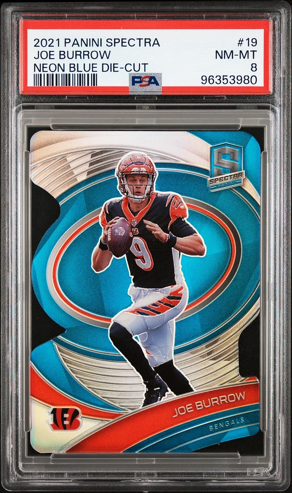 2021 Panini Spectra 19 Joe Burrow Neon Blue Die-cut PSA 8