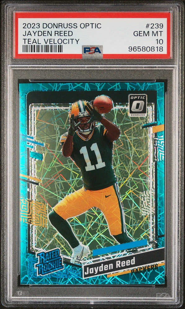 2023 Panini Donruss Optic 239 Jayden Reed Teal Velocity PSA 10