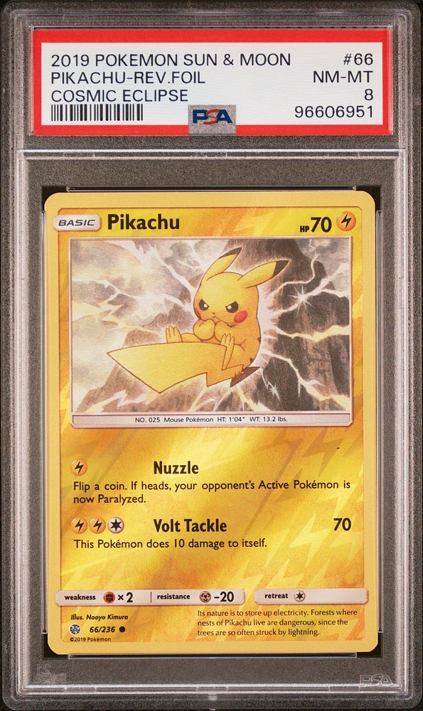 2019 Pokemon Sun & Moon Cosmic Eclipse 66 Pikachu-reverse Foil PSA 8