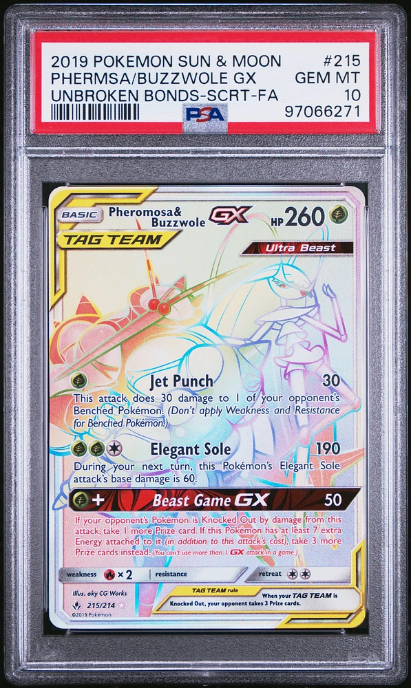 2019 Pokemon Sun & Moon Unbroken Bonds 215 Full Art/pheromosa & Buzzwole Gx Secret PSA 10