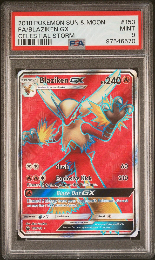 2018 Pokemon Sun & Moon Celestial Storm 153 Full Art/blaziken Gx PSA 9