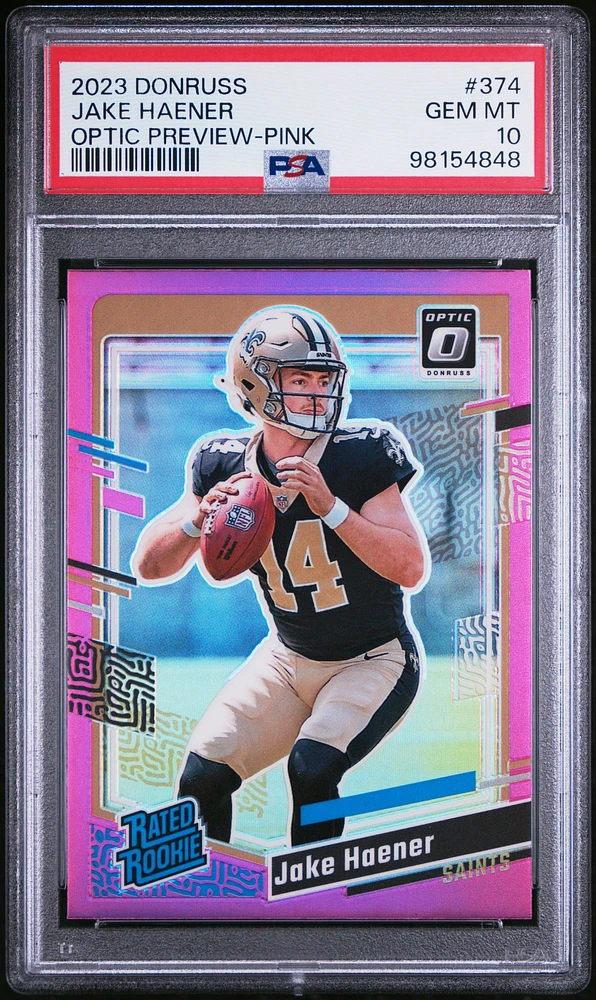 2023 Panini Donruss 374 Jake Haener Optic Preview-pink PSA 10