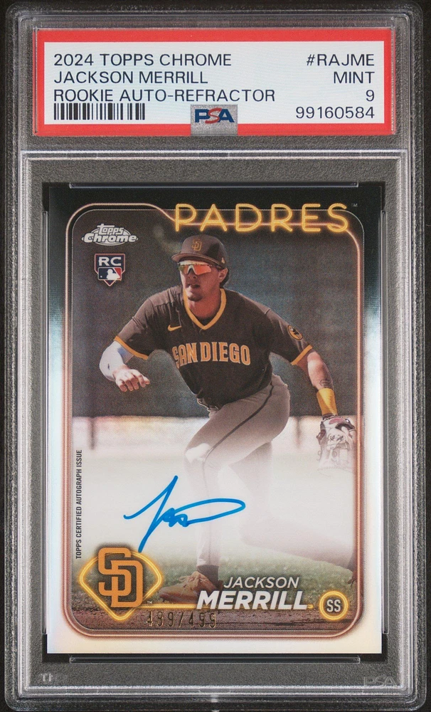 2024 Topps Chrome Rookie Autographs Rajme Jackson Merrill Refractor PSA 9