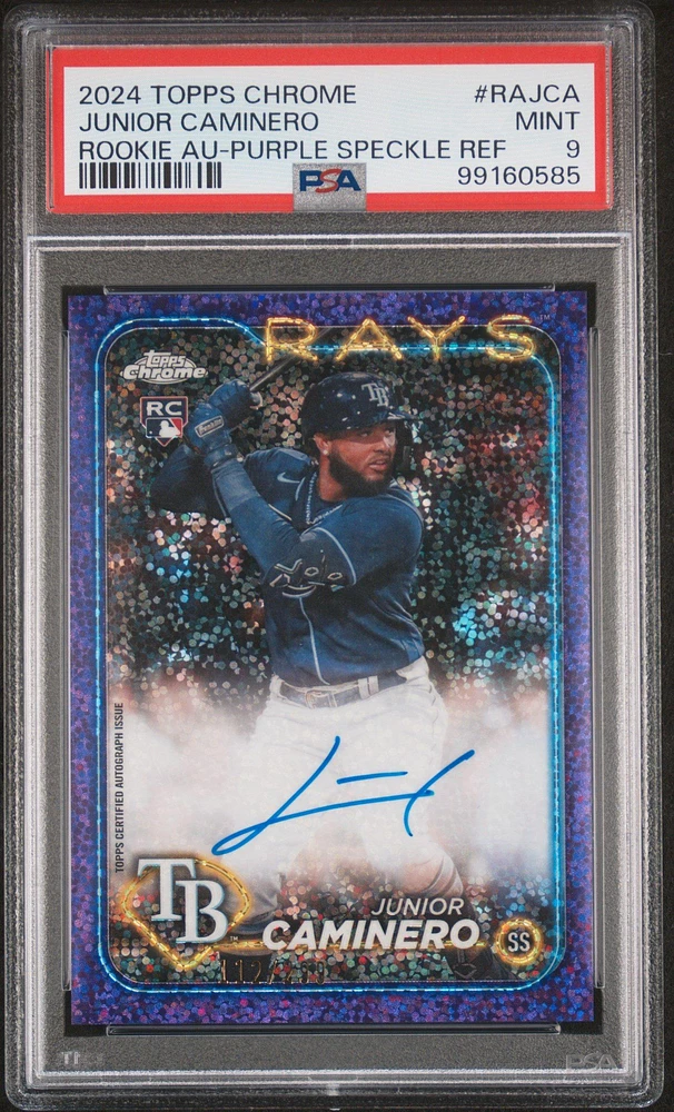 2024 Topps Chrome Rookie Autographs Rajca Junior Caminero Purple Speckle Refractor PSA 9