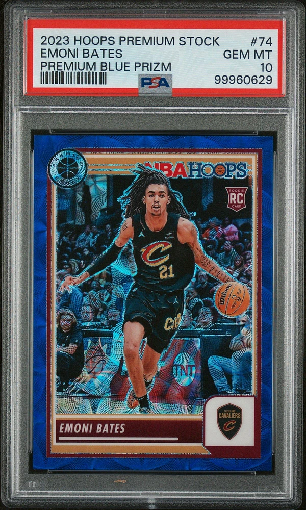 2023 Panini Hoops Premium Stock 74 Emoni Bates Premium Blue Prizm PSA 10
