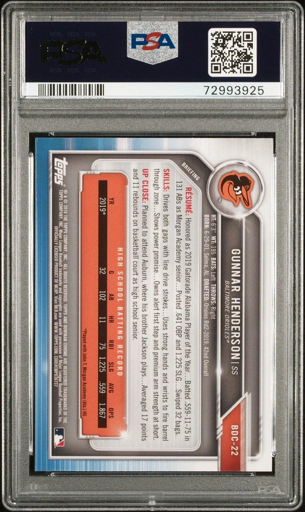 2019 Bowman Draft Bdc22 Gunnar Henderson PSA 10