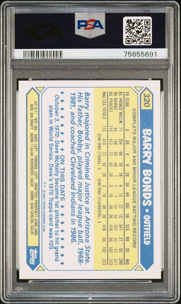 1987 Topps Tiffany 320 Barry Bonds PSA 9