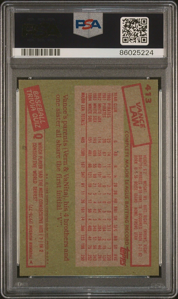 1985 Topps 413 Vance Law PSA 10