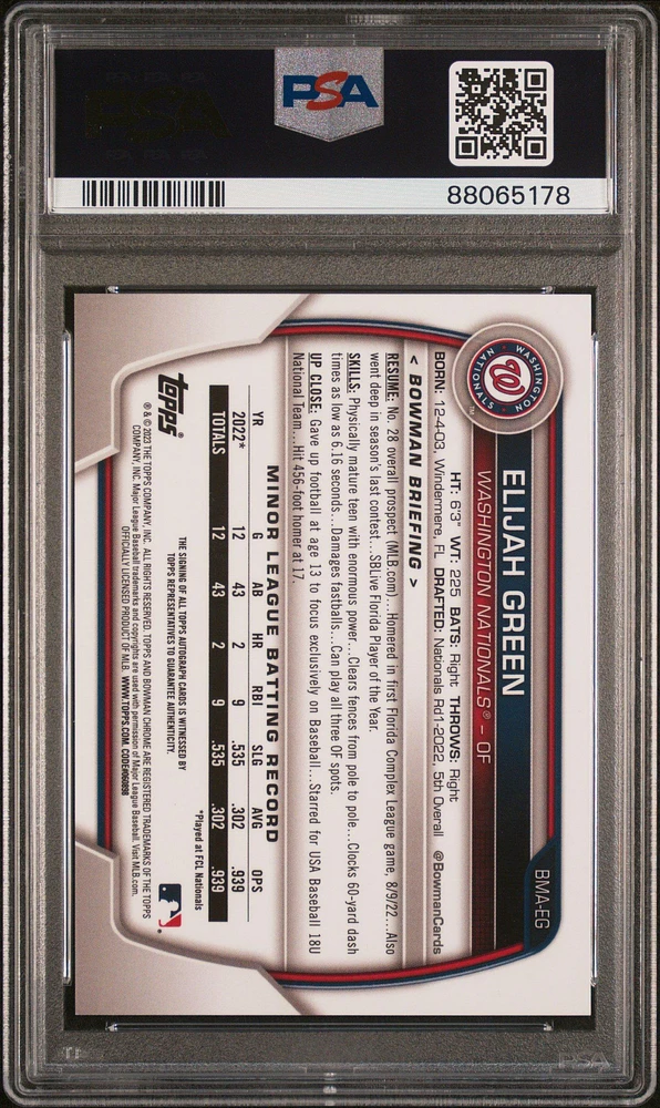 2023 Bowman Mega Box Chrome Prospect Autographs Eg Elijah Green Green PSA 10