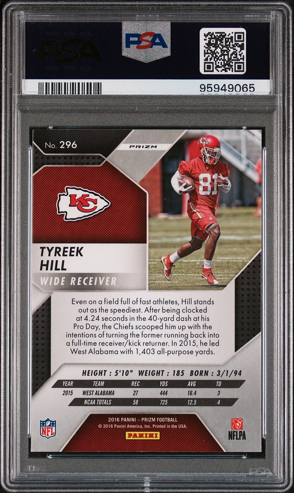 2016 Panini Prizm 296 Tyreek Hill Prizm PSA 10