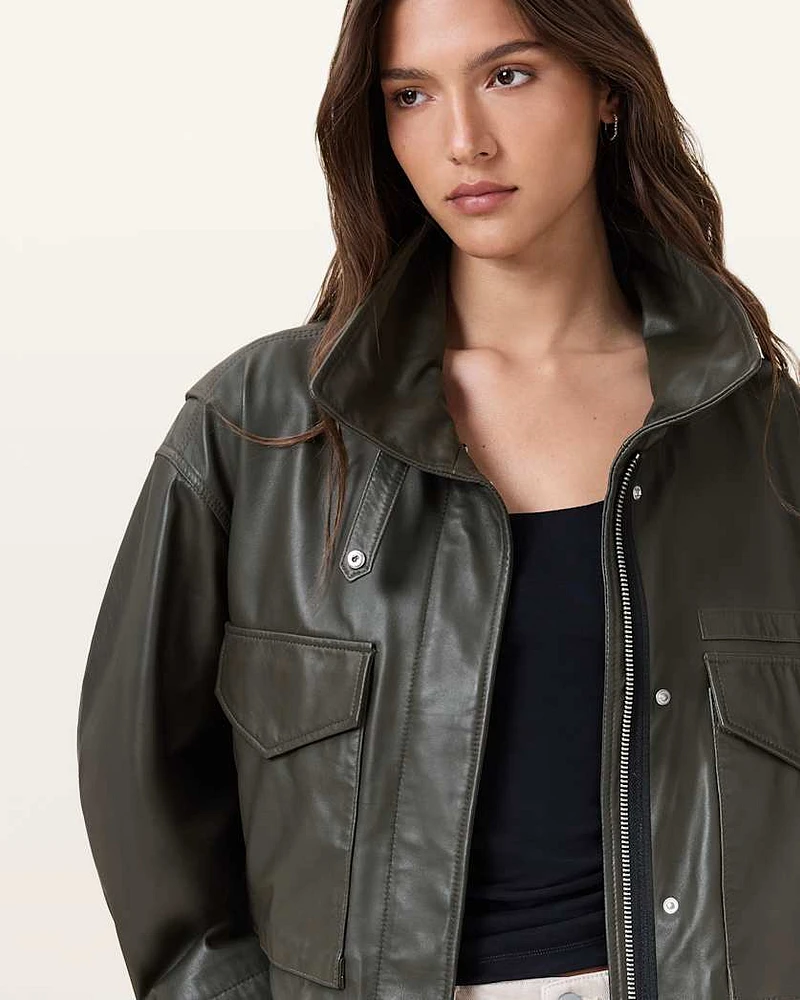 Clay Funnel Neck Cropped Leather Jacket