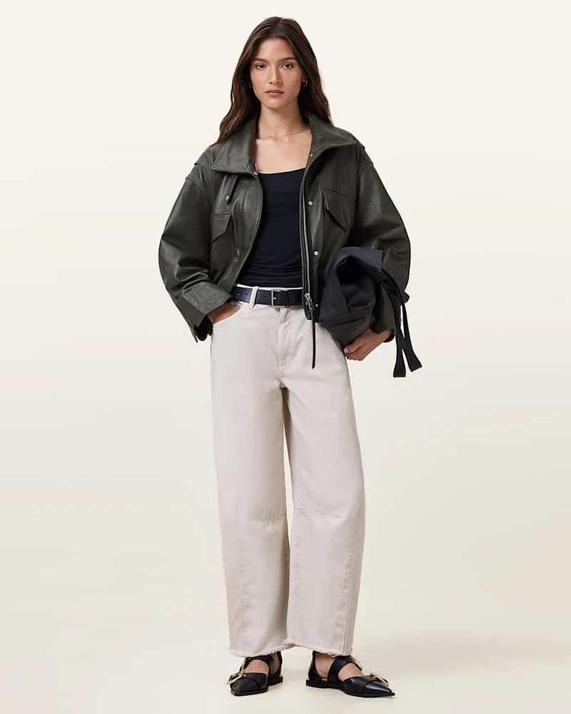 Clay Funnel Neck Cropped Leather Jacket
