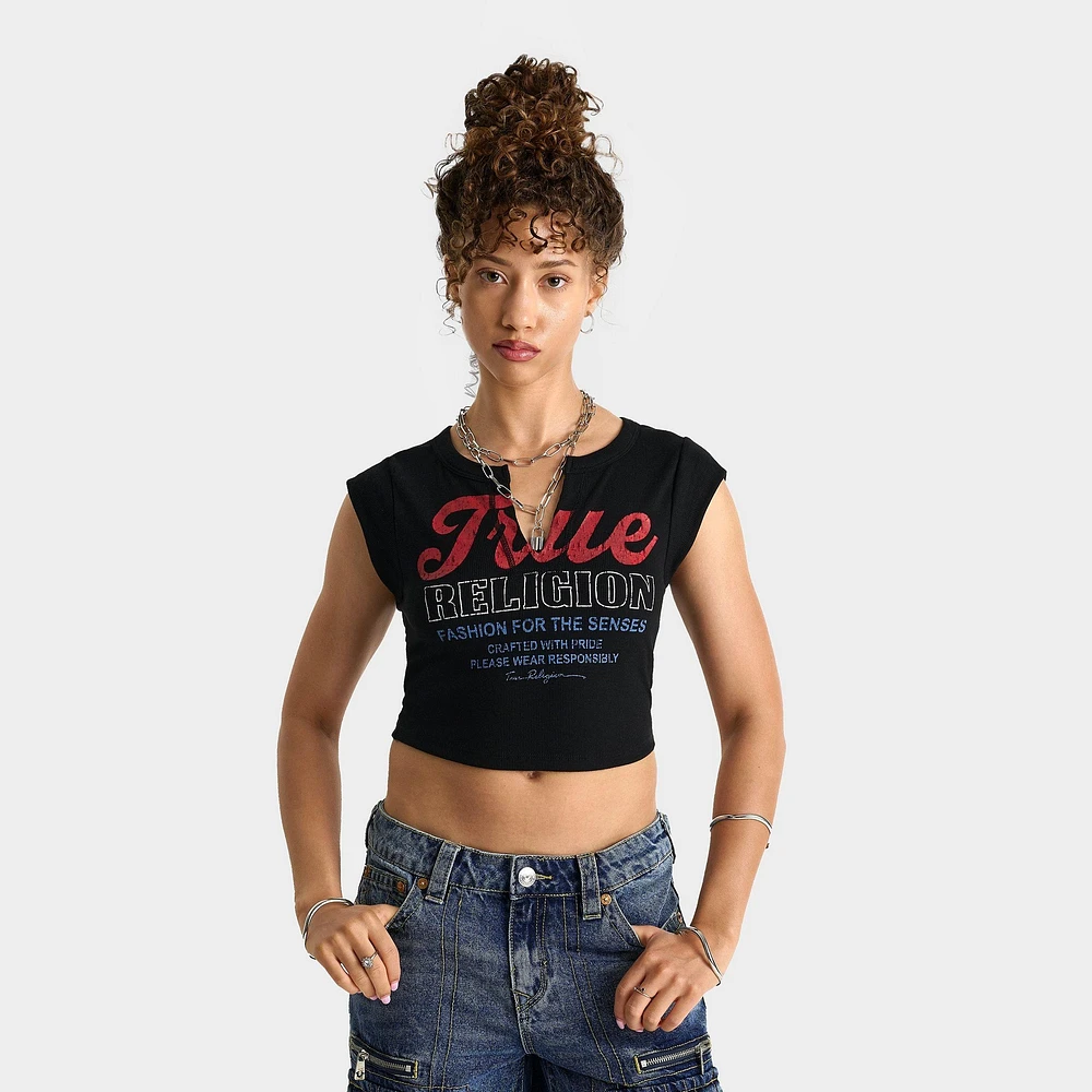 Women's True Religion Vintage Logo V Notch Baby T-Shirt
