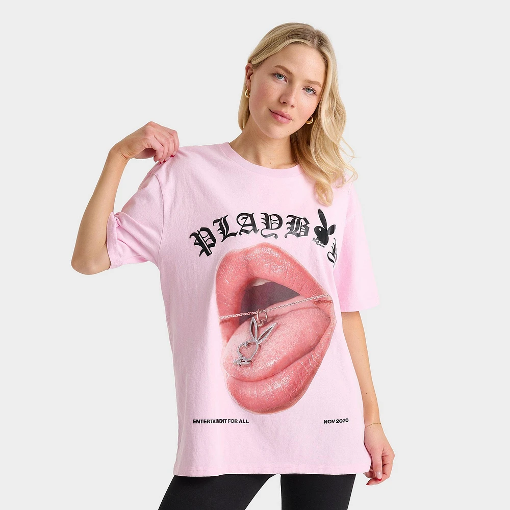 Women's Playboy Diamante Necklace Boyfriend T-Shirt