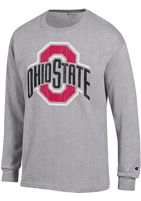 Champion Ohio State Buckeyes Grey Distressed Primary Logo Long Sleeve T Shirt