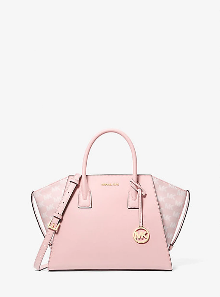 Avril Large Leather and Logo Jacquard Satchel