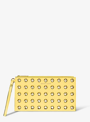 Jet Set Large Studded Pebbled Leather Wristlet
