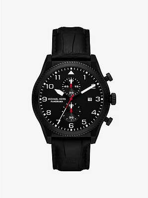 Oversized Panorama Black-Tone and Crocodile Embossed Leather Watch