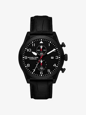 Oversized Panorama Black-Tone and Crocodile Embossed Leather Watch