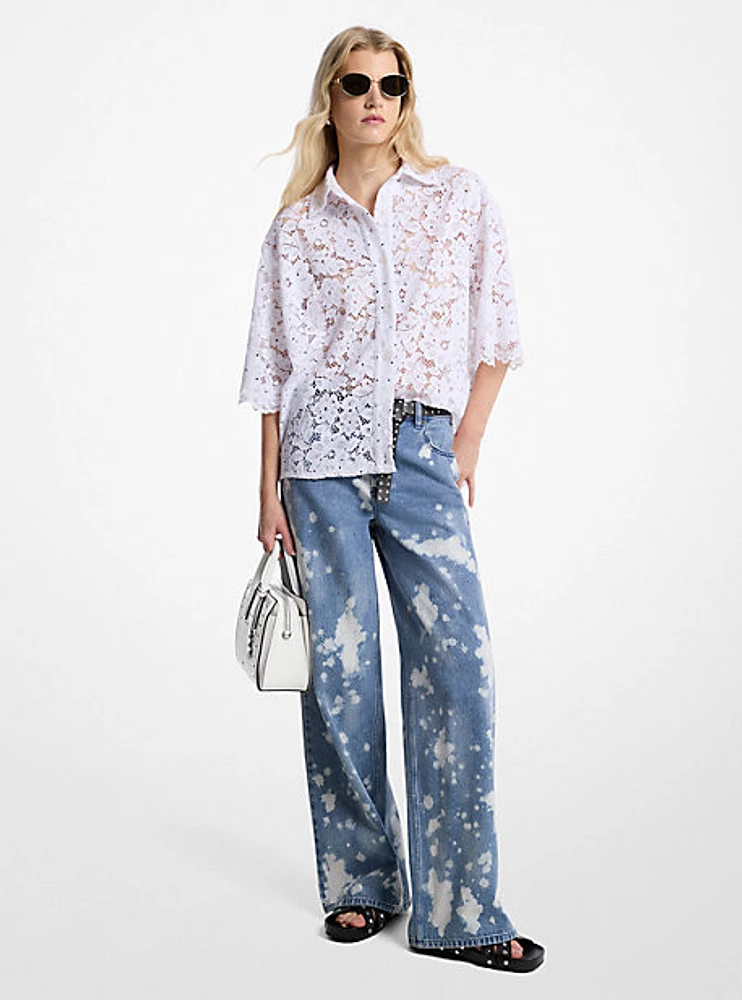 Hand-Splattered Bleach Denim Wide-Leg Jean