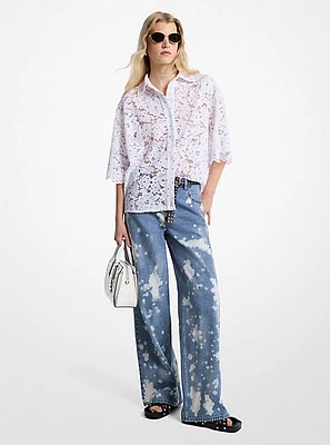 Hand-Splattered Bleach Denim Wide-Leg Jean