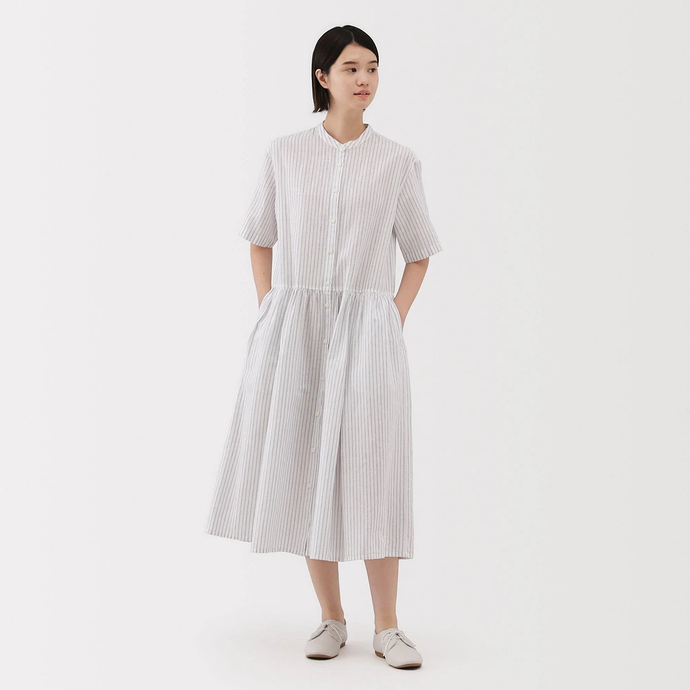 Women's Hemp Cotton Short Sleeve Striped Dress
