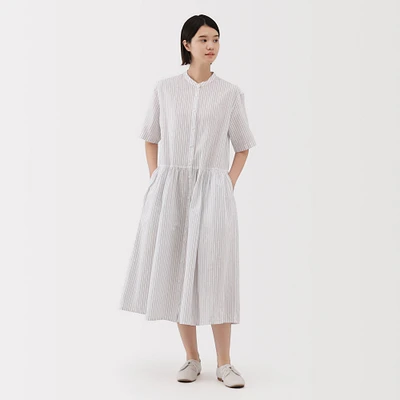 Women's Hemp Cotton Short Sleeve Striped Dress
