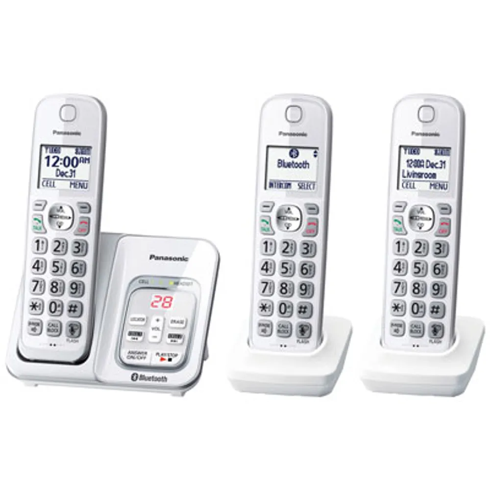 Panasonic Link2Cell 3-Handset DECT 6.0 Bluetooth Cordless Phone with Answering Machine (KXTGD593W)